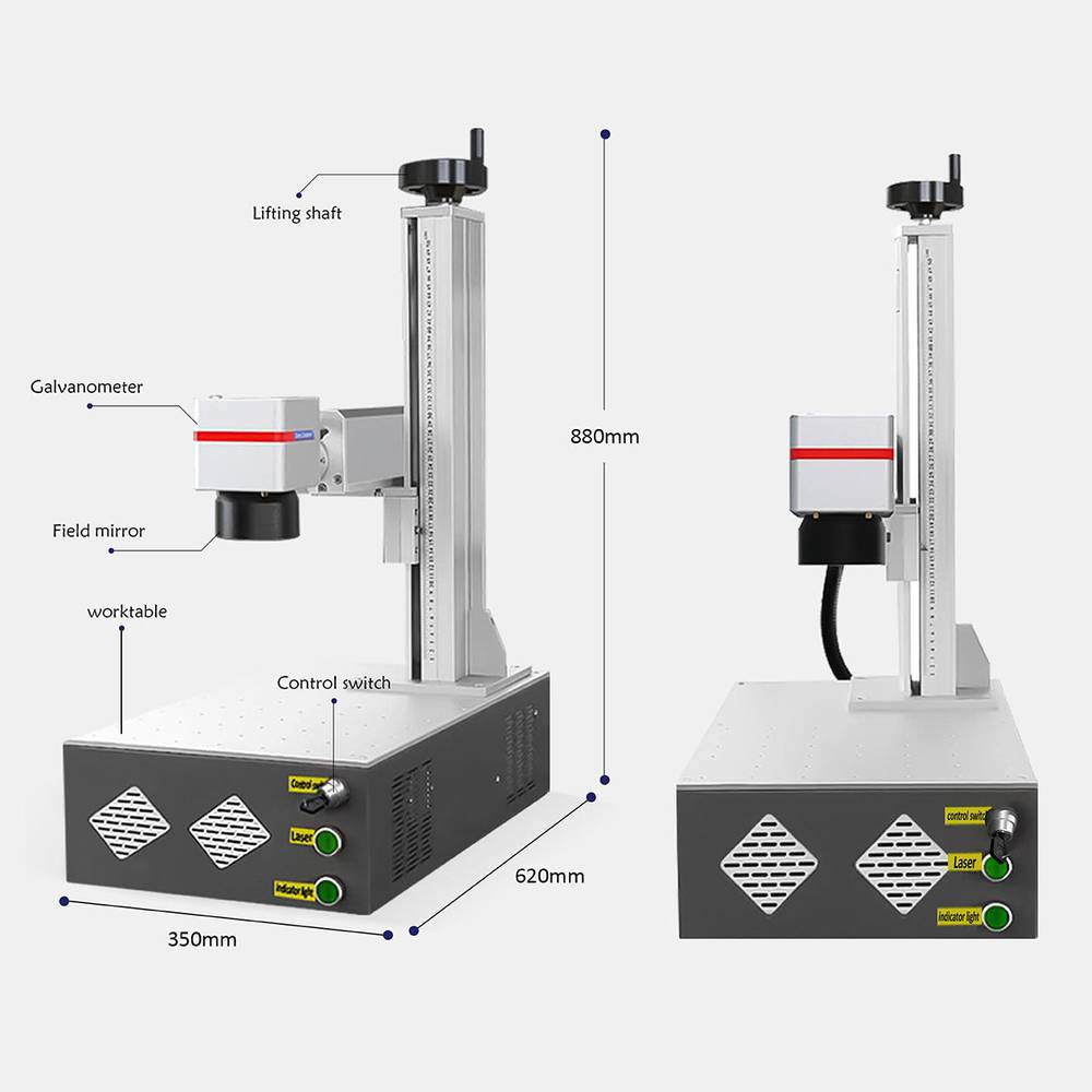 Dimensions and labeled parts of the Mini Fiber Laser Marking Machine - Portable and Efficient, showing compact industrial design.
