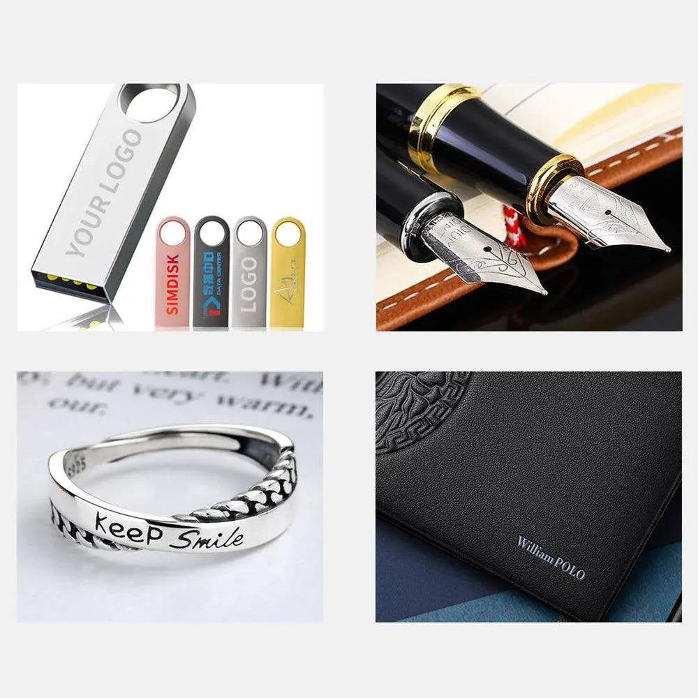 Engraved USBs, pens, rings, and wallets showcasing the precision of the Mini Fiber Laser Marking Machine - Portable and Efficient.