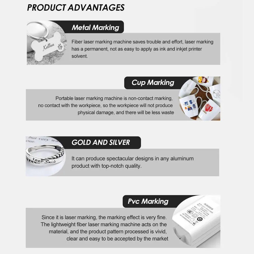 Product advantages of Mini Fiber Laser Marking Machine - Portable and Efficient, including metal, cup, gold, silver, and PVC marking.