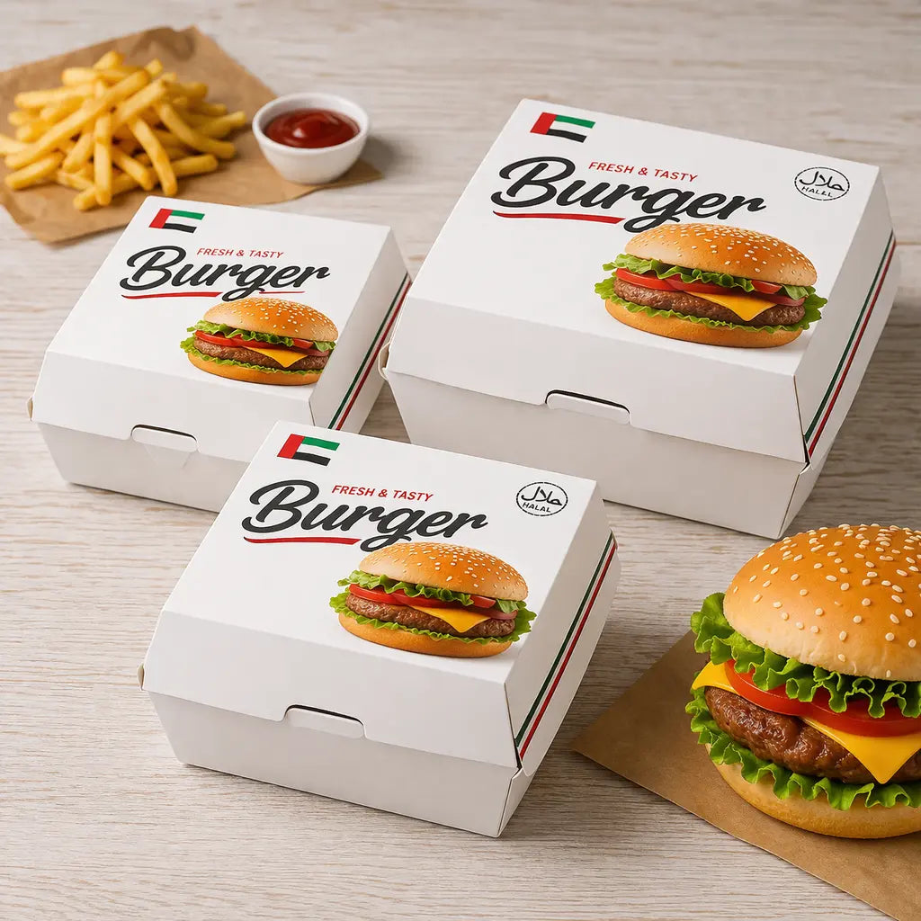 Custom burger box packaging UAE with halal icon and UAE flag for food delivery and takeaway