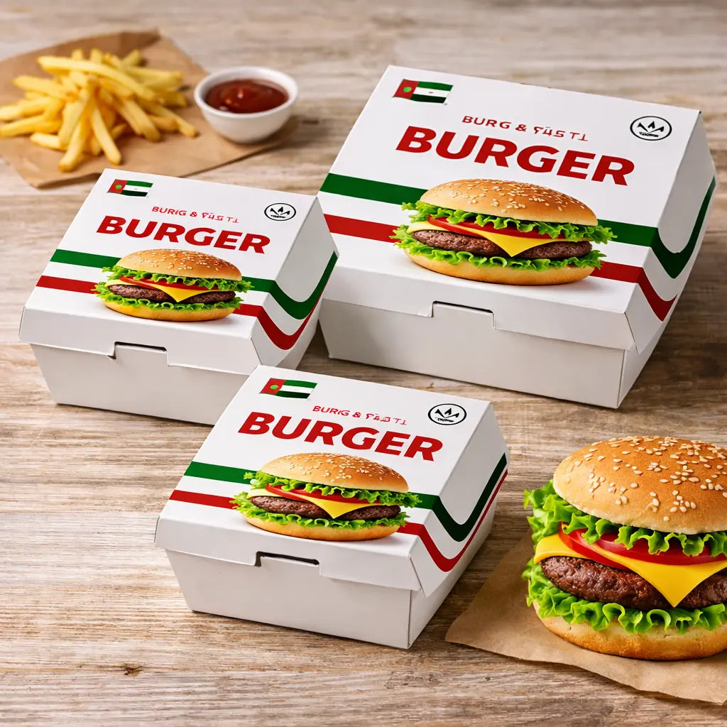 Custom white burger boxes with UAE flag and halal logo printed packaging for restaurants in Dubai