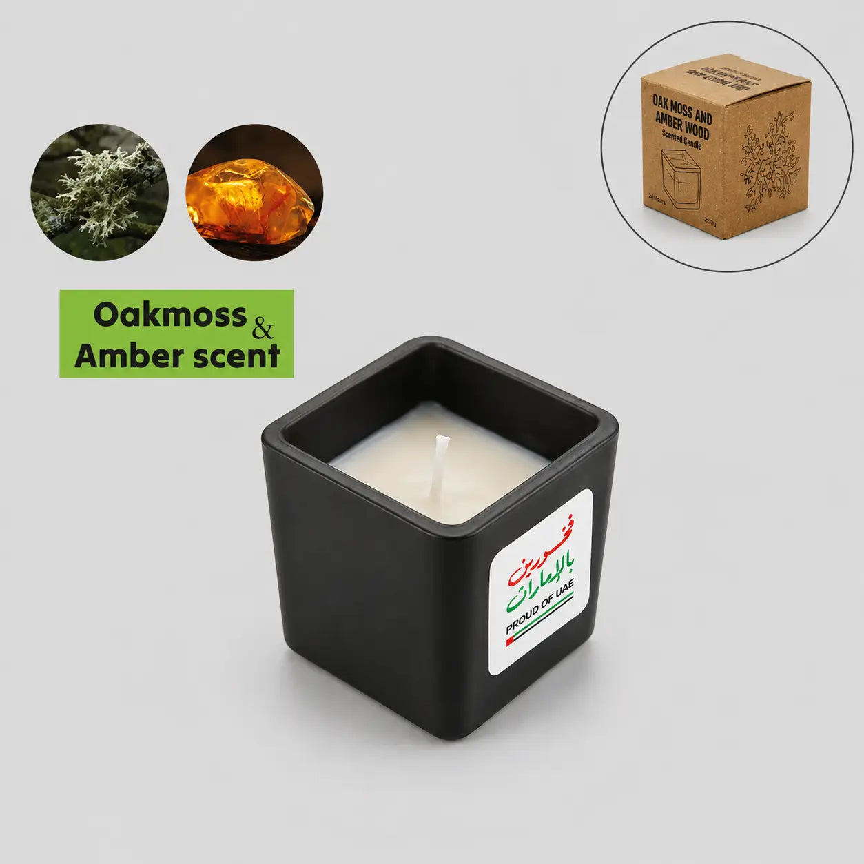 Proud of UAE Scented Candle Oakmoss & Amber – Square Glass 53x62mm | UAE National Day Printava