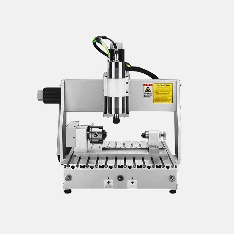 CNC A3 desktop router with rotary axis for precision cutting and engraving in wood, plastic, and metal. Ideal for compact industrial setups.