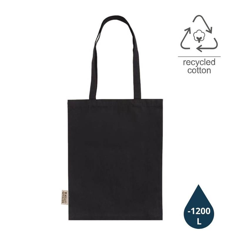 GRS-certified Recycled Cotton Shopping Tote Bag in black with long handles. Lightweight and sustainable, ideal for eco-conscious shopping needs.