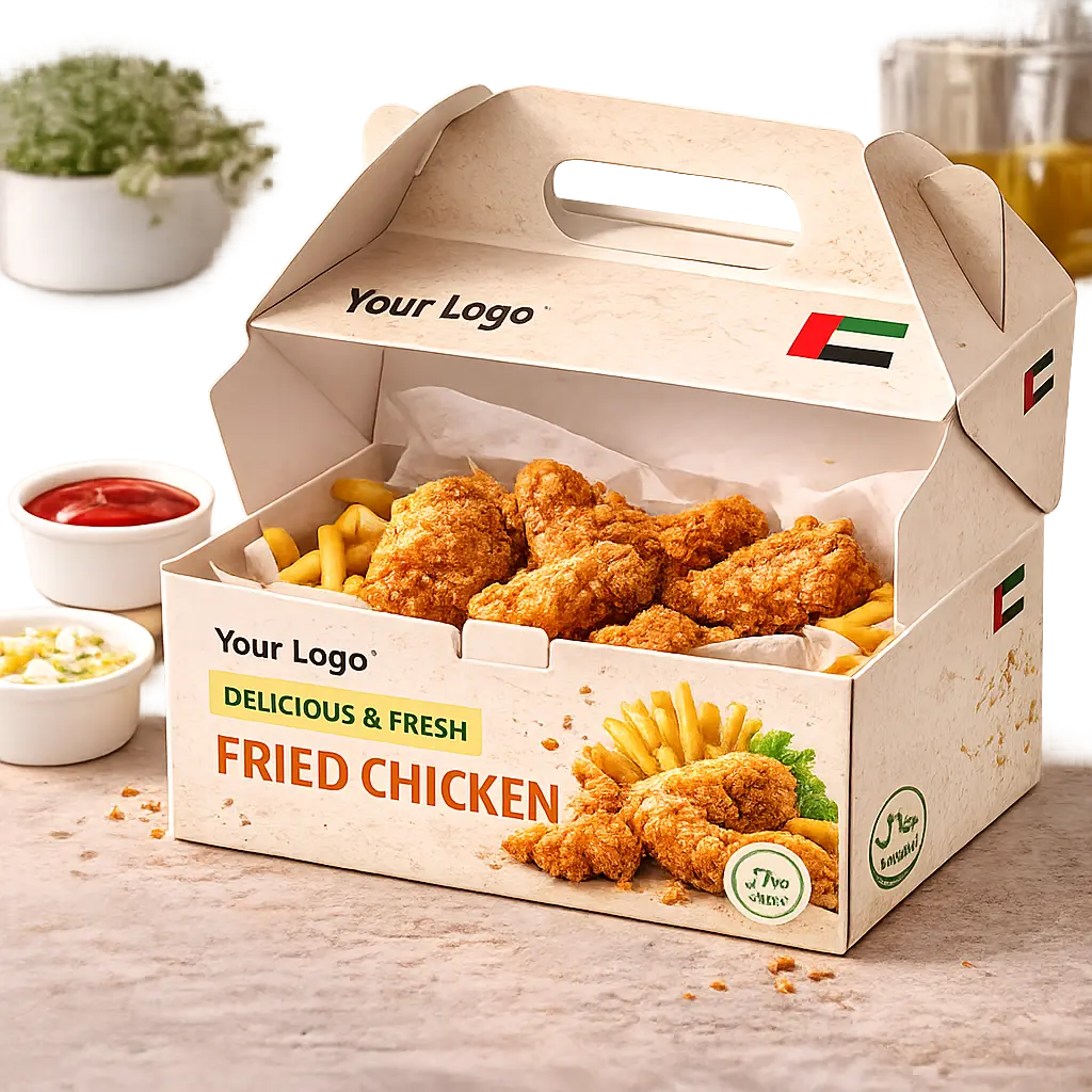 Open custom gable food box with fried chicken and fries, halal packaging with UAE flag for takeaway in Dubai