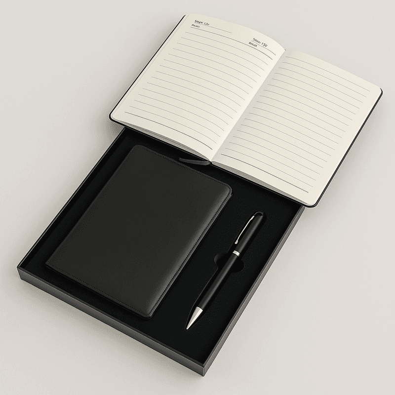 Open corporate gift set showing lined notebook and elegant pen, perfect for business professionals and client gifts.