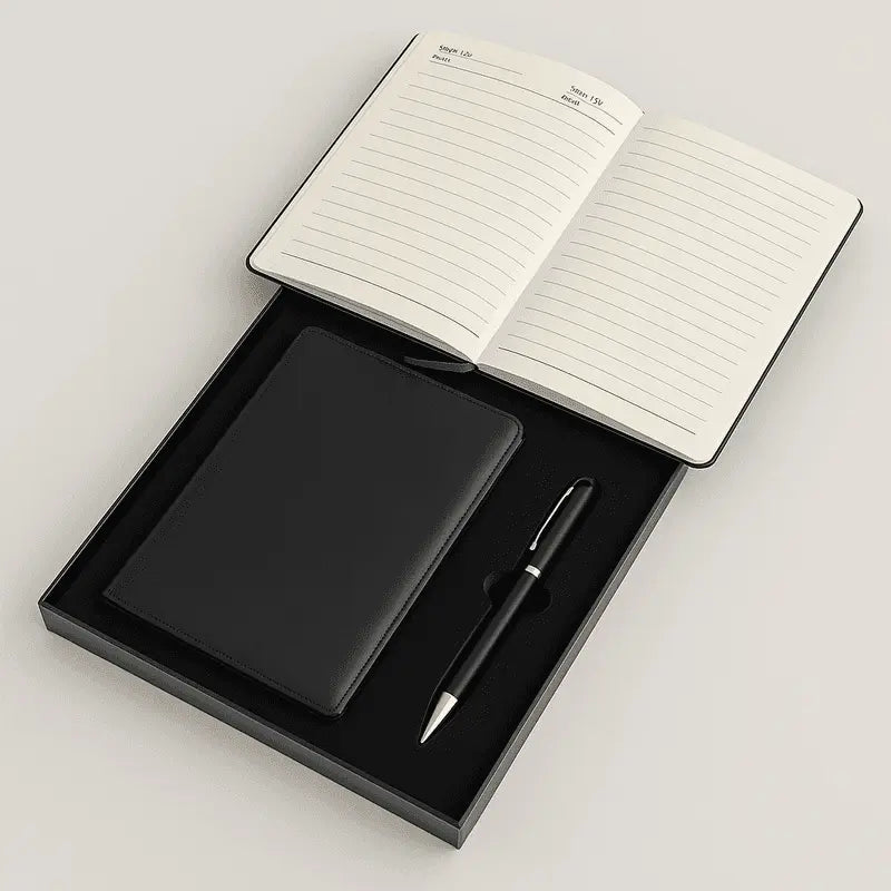 Open corporate gift set showing lined notebook and elegant pen, perfect for business professionals and client gifts.