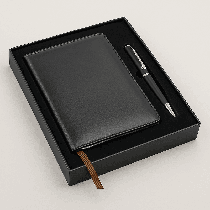 Corporate gift set with sleek black notebook and pen in premium black box, ideal for professional office gifting.