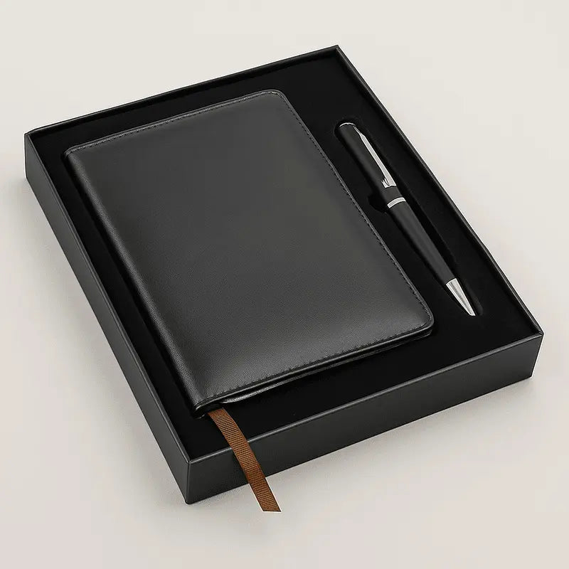 Corporate gift set with sleek black notebook and pen in premium black box, ideal for professional office gifting.