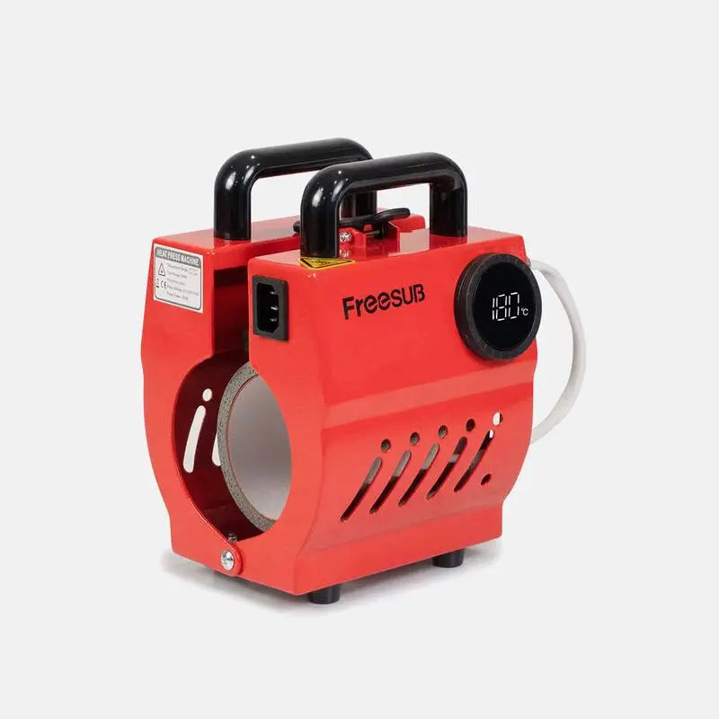 Mug Heat Press Machine - Perfect for Custom Mug Printing, compact red Freesub 11oz model with digital temperature display and sturdy handle.