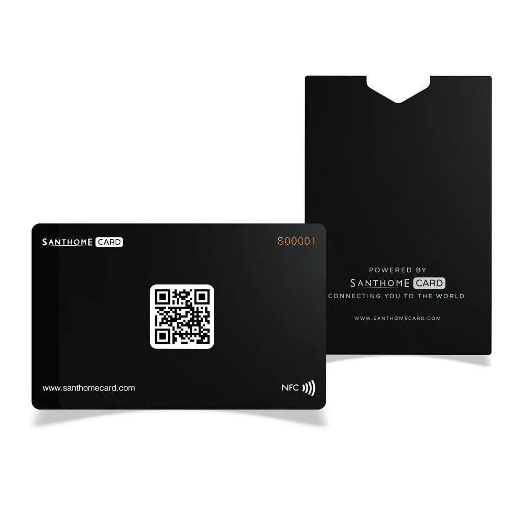 Customizable Digital Business NFC Card - Black with branded sleeve. Designed for professional contactless networking and smart business use.