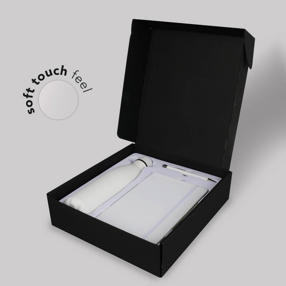Corporate Gift Set - Stylish Bottle, Notebook, and Pen in white with soft touch feel, presented in a sleek black box for professional gifting.