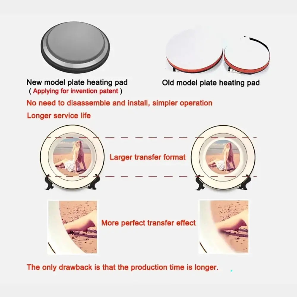 Comparison of new and old plate heating pads for the 5-in-1 sublimation heat press machine, highlighting improved transfer quality.
