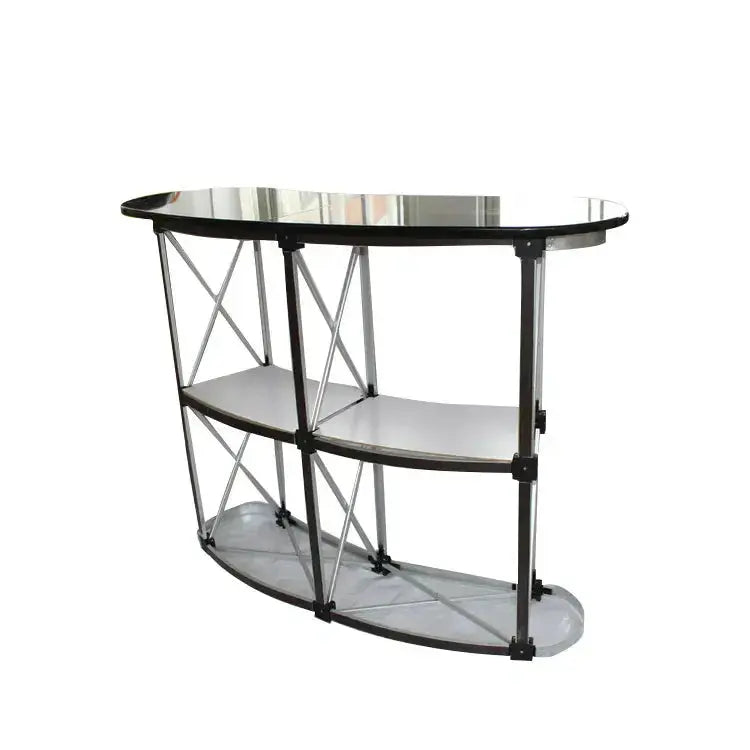 Back view of Pop Up Foldable Counter showing metal frame and two internal shelves. Designed for portability and quick assembly.
