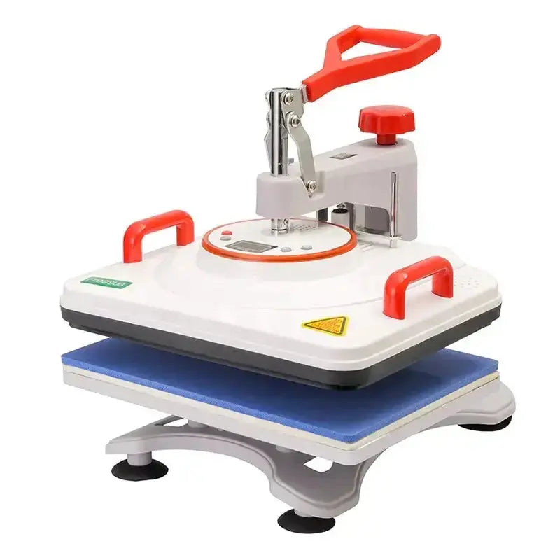 Compact 5-in-1 combo sublimation heat press machine with blue base and ergonomic red handle for versatile printing applications.