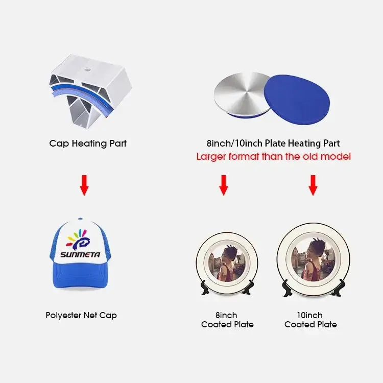 Cap and plate heating parts for the 5-in-1 combo sublimation heat press machine, compatible with 8-inch and 10-inch coated plates.