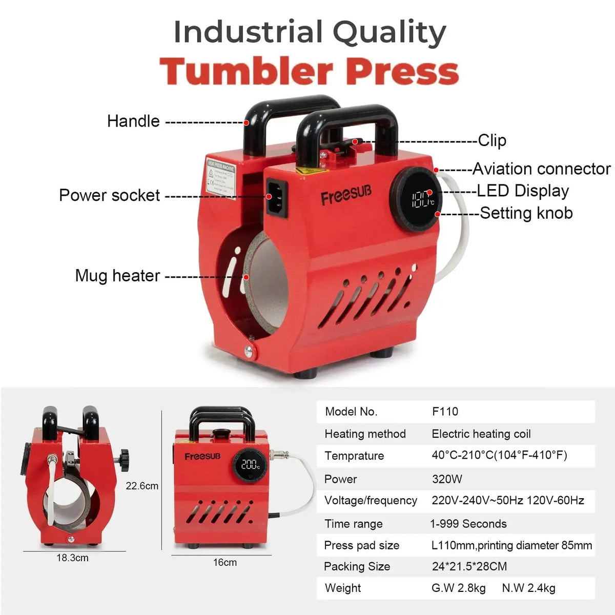 Mug Heat Press Machine - Perfect for Custom Mug Printing, industrial-grade Freesub tumbler press with detailed specs and heating components.
