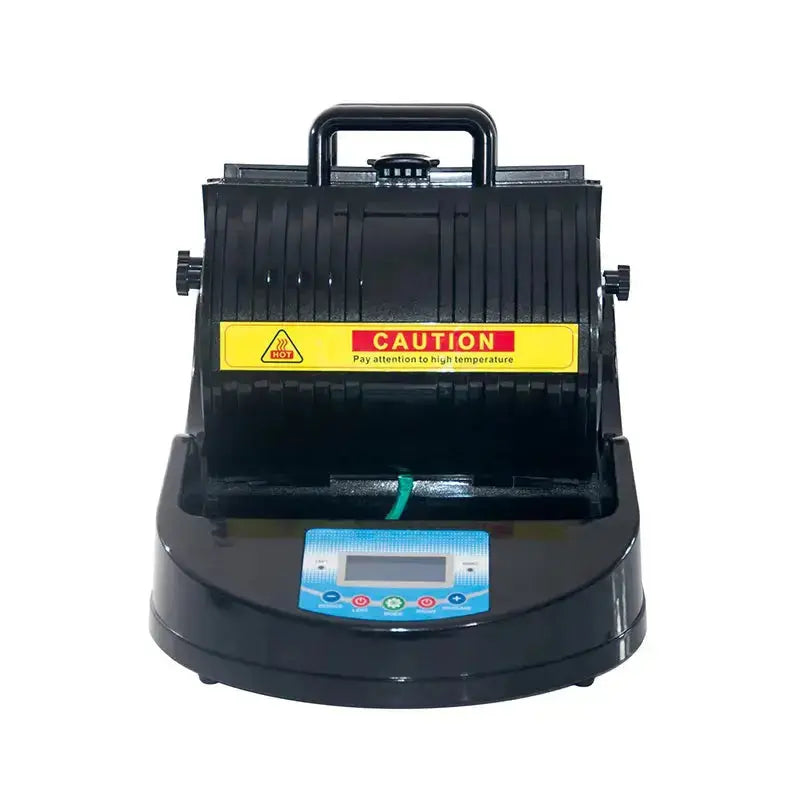 Compact Heat Press Sublimation Machine for Cups and Bottles featuring a caution label and digital interface for precise temperature control.