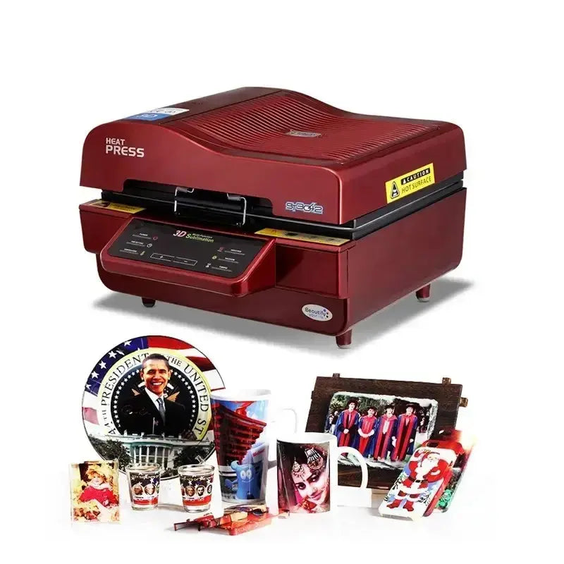 ST-3042 3D Sublimation Vacuum Heat Press Machine with printed samples including mugs, plates, and photo frames for creative projects.