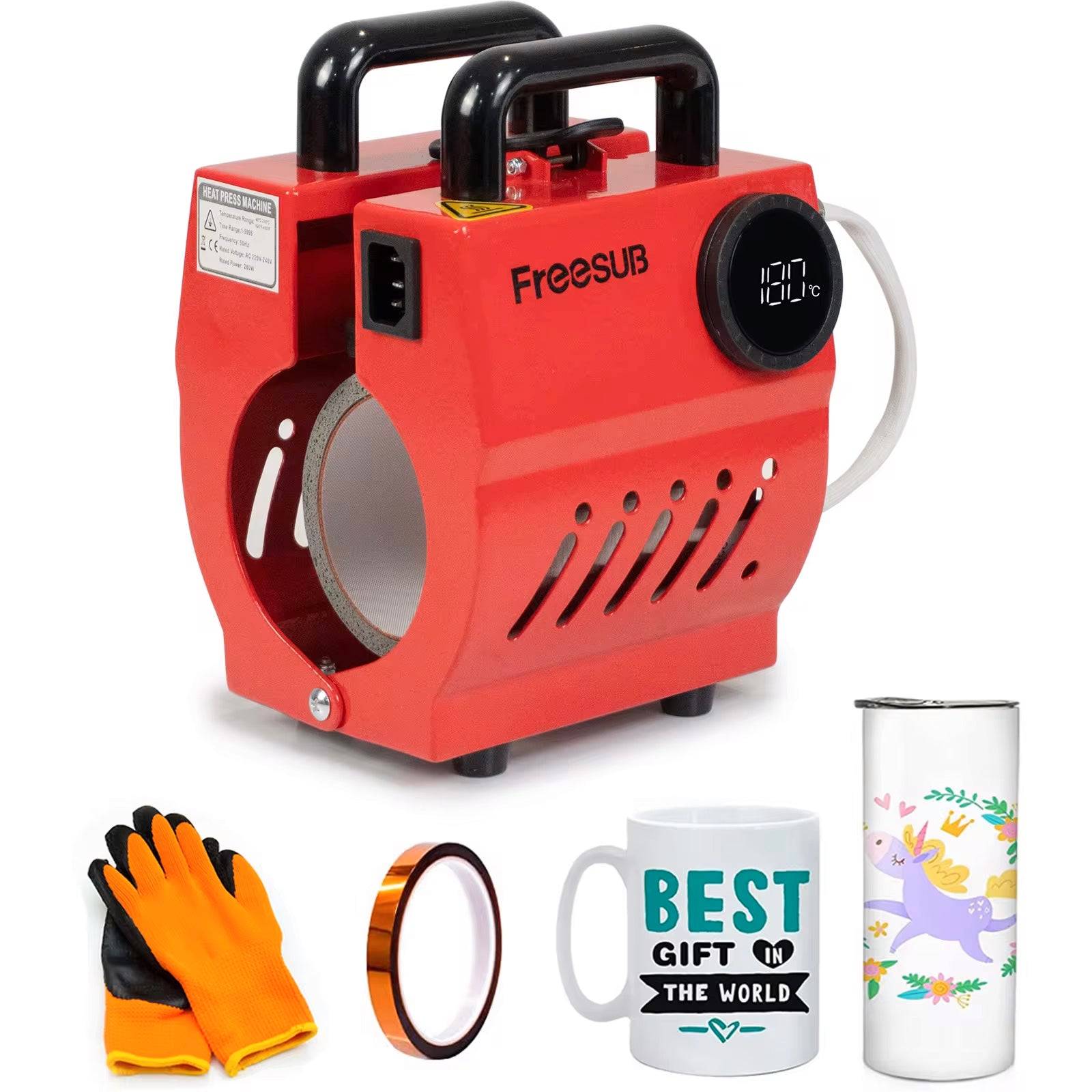 Mug Heat Press Machine - Perfect for Custom Mug Printing, includes gloves, heat tape, and sample mugs for DIY personalized gifts and promotions.
