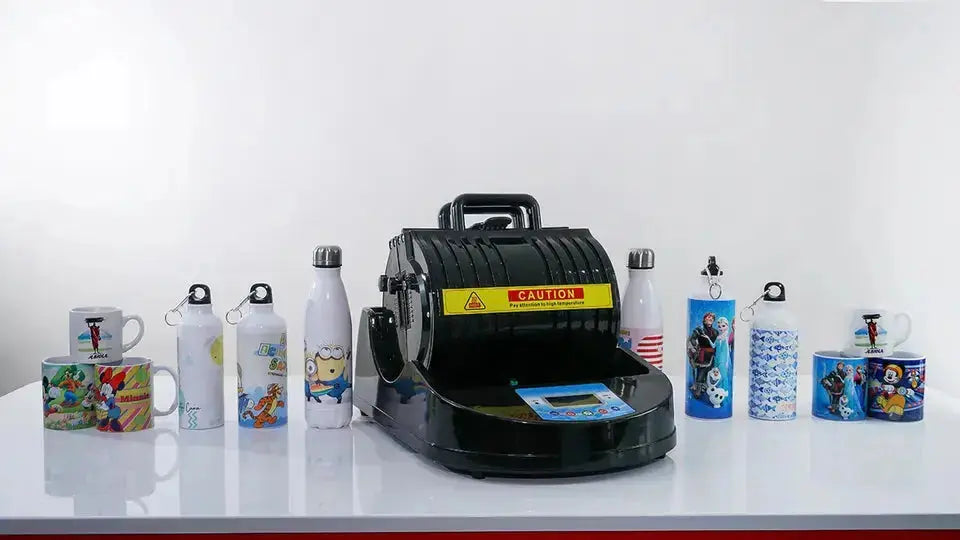 Heat Press Sublimation Machine for Cups and Bottles surrounded by custom-printed mugs and bottles, showcasing its printing versatility.