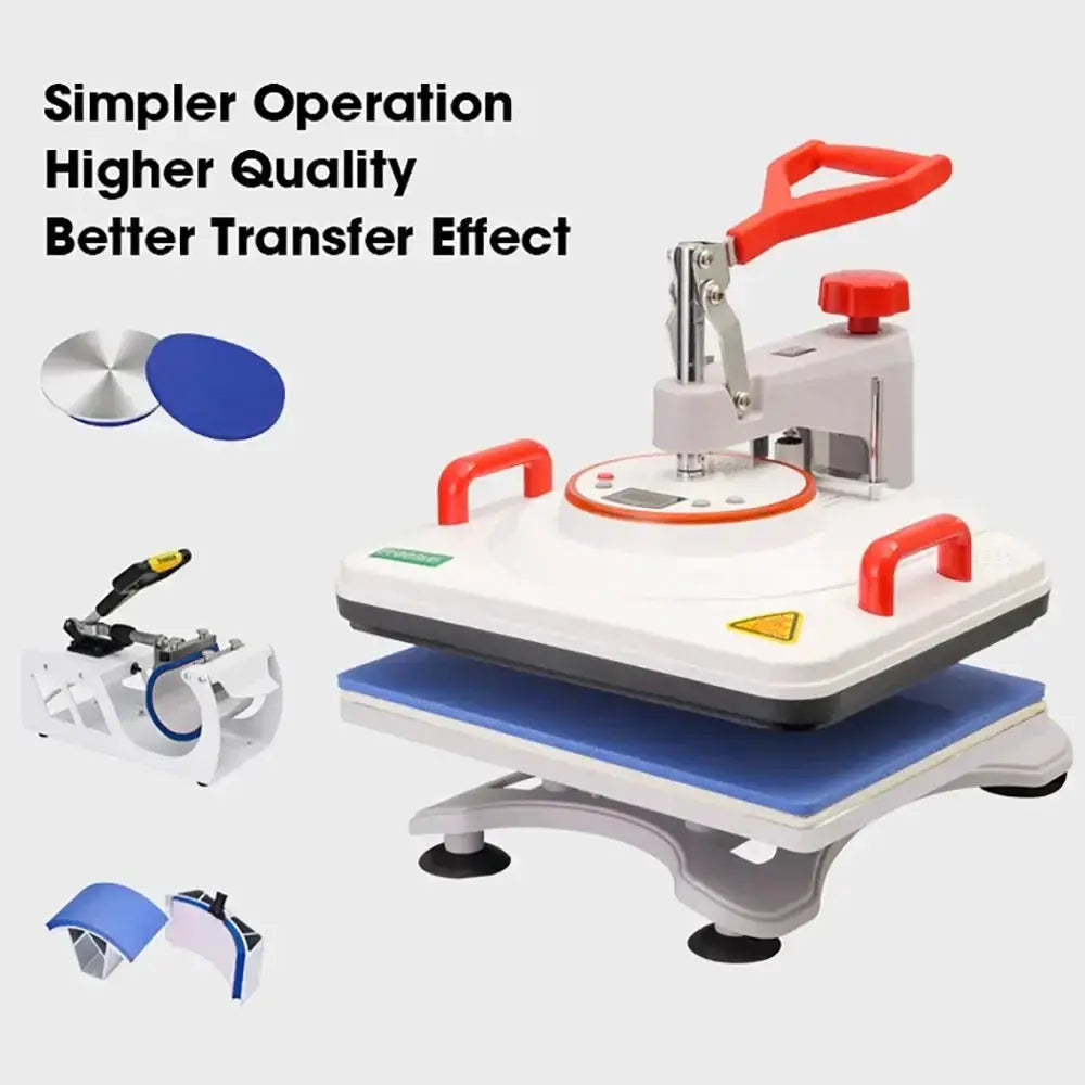 Versatile 5-in-1 sublimation heat press machine with accessories for mugs, caps, and plates, offering high-quality transfer and easy operation.