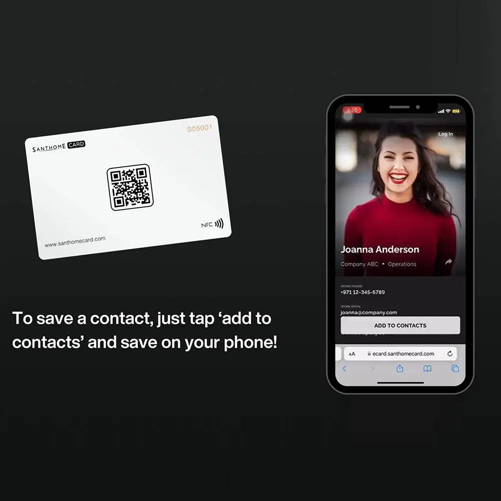 White NFC Business Card displaying contact profile on phone. Tap to save contact instantly with the Digital Business NFC Card - Black.