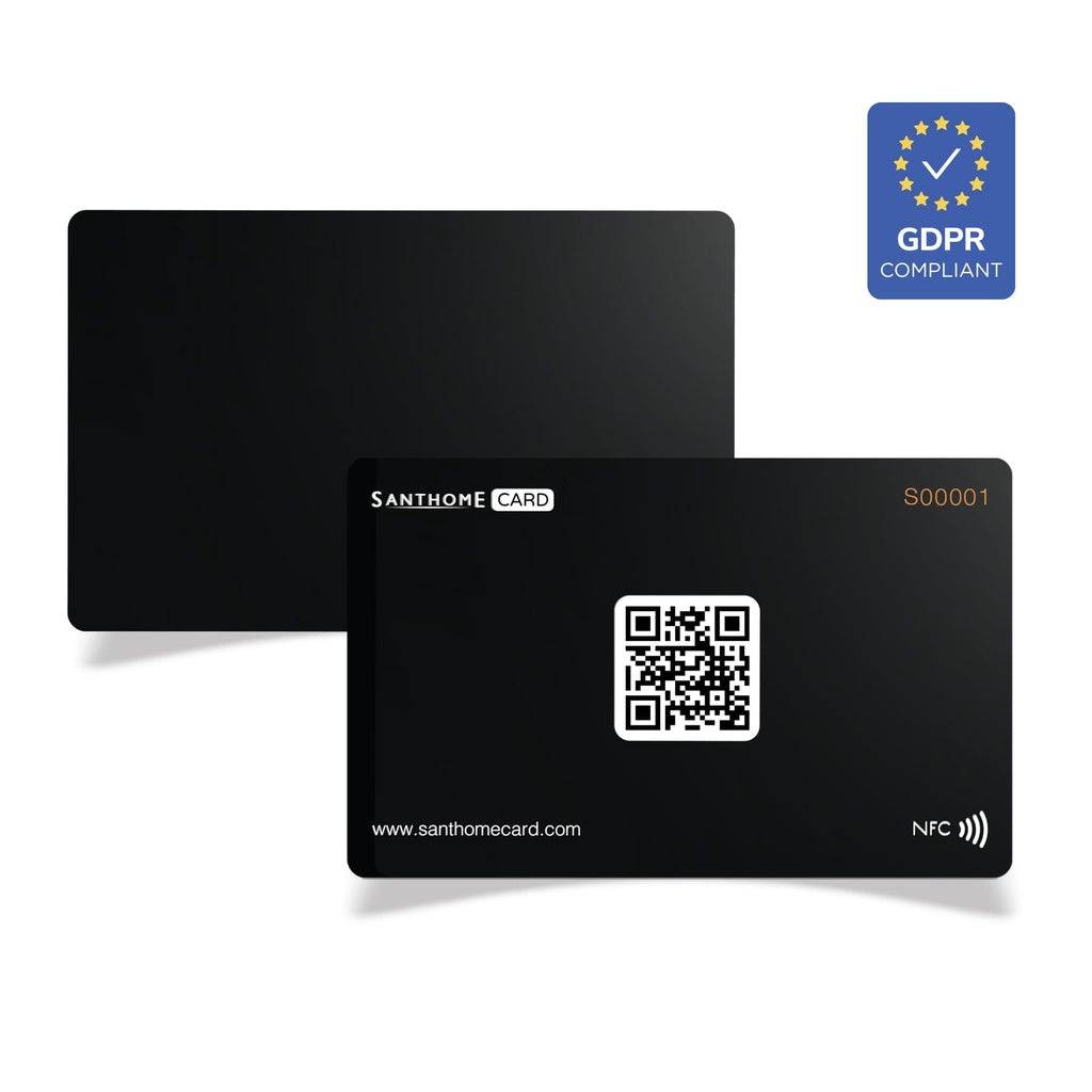 Black NFC Business Card with QR code and GDPR compliance badge. Perfect for secure, app-free digital networking and contact sharing.