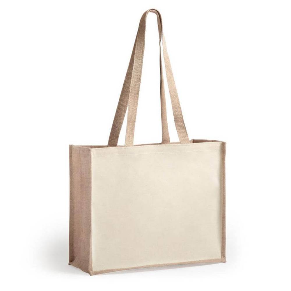 Jute and Canvas Combination Tote Bag with long jute handles and dual-sided canvas panels. Ideal for branding and daily use in the tote bags category.