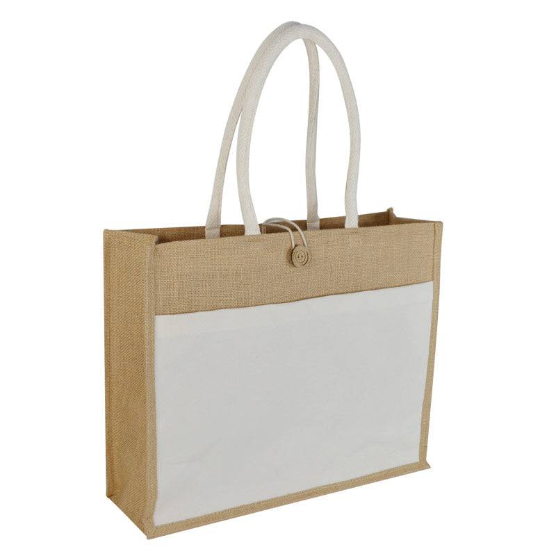 Premium quality jute bag with canvas pocket and sturdy handles, eco-friendly and stylish for daily use in the luggage & bags category.