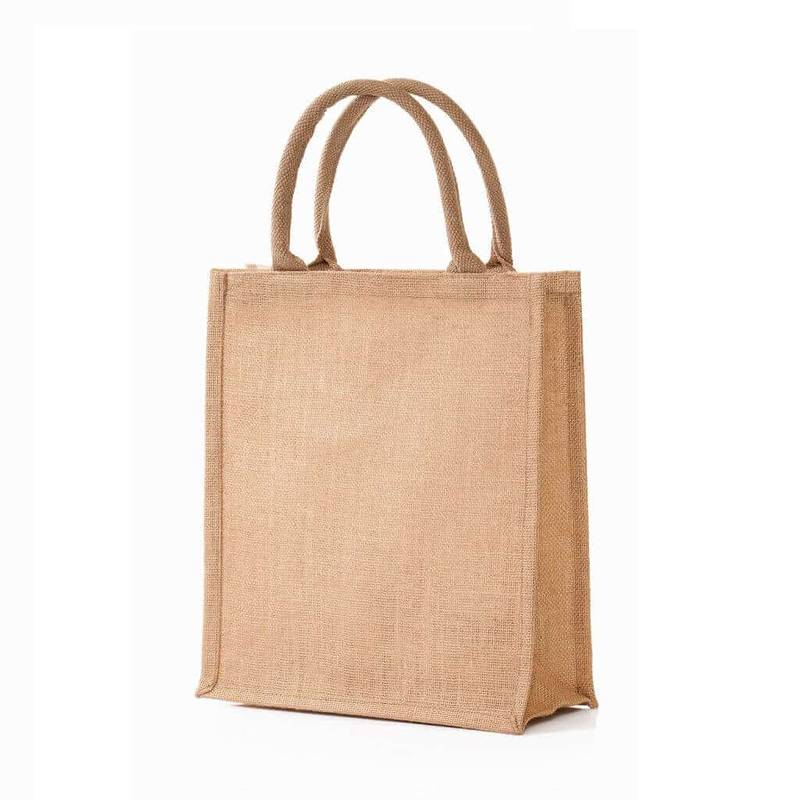 Natural color jute shopping bag with vertical design and sturdy handles. Eco-friendly and reusable fabric bag ideal for groceries or daily use.