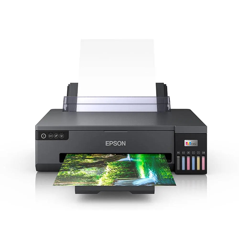 Front view of EPSON EcoTank L18050 - High-Performance Ink Tank Printer featuring A3 photo printing and visible ink tank system for efficient use.