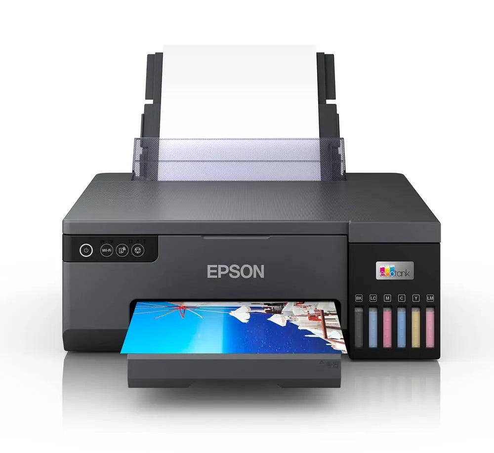 Epson EcoTank L8050 printer with rear paper tray and visible ink tanks, designed for efficient, eco-friendly photo and document printing.