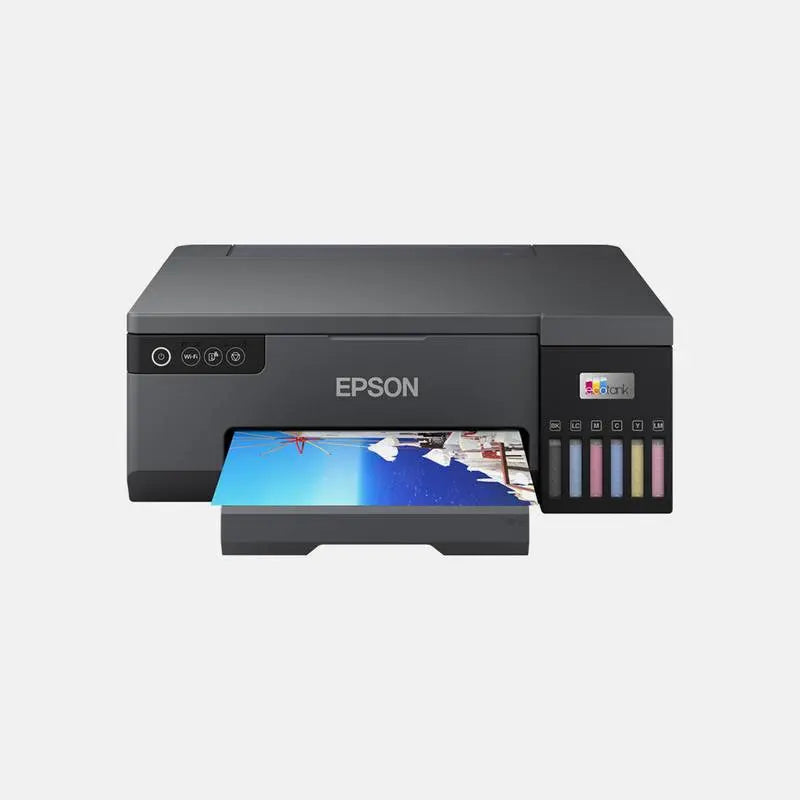 Epson EcoTank L8050 - High-Quality, Eco-Friendly Printing with front view showing ink tanks and photo output. Ideal for high-volume, low-cost printing.