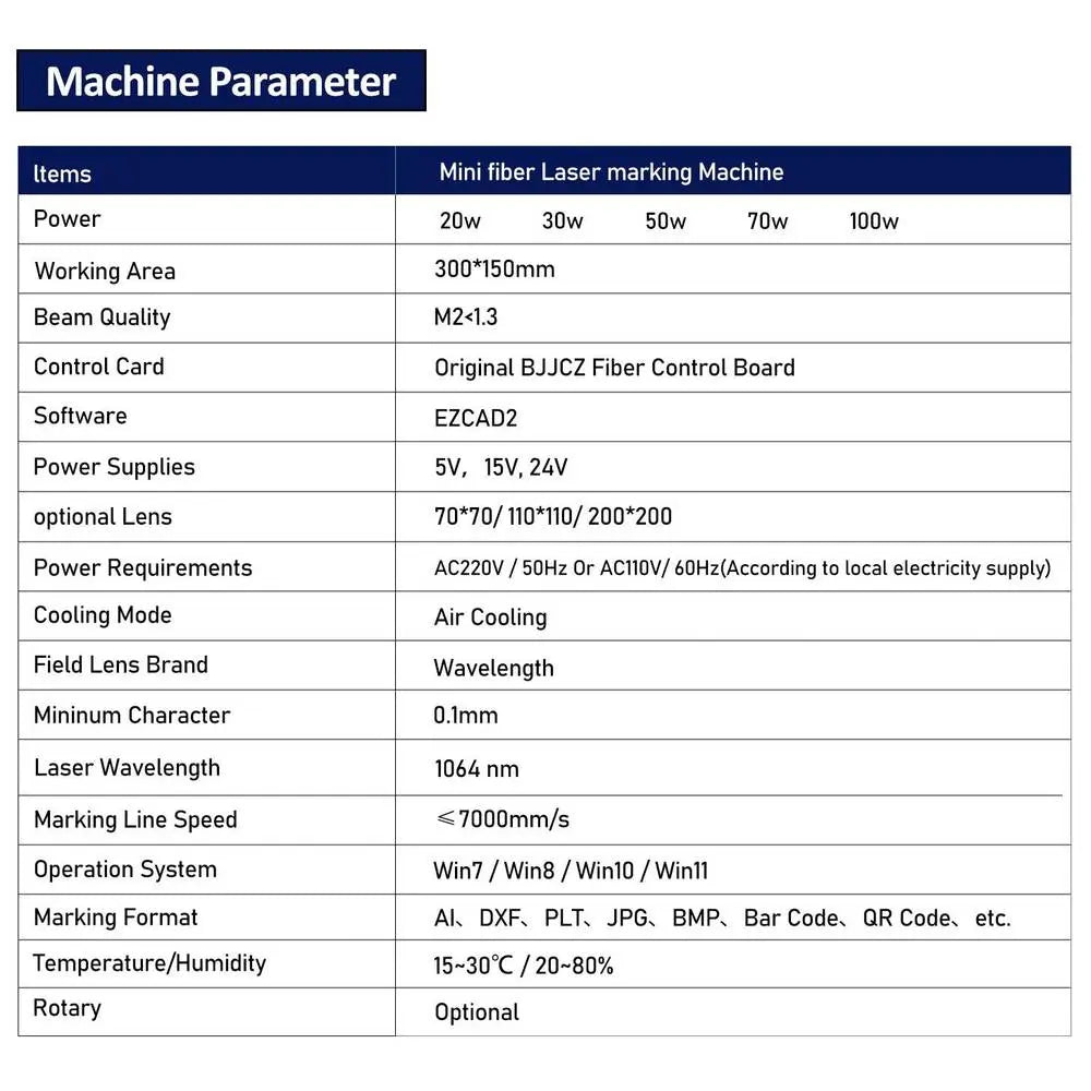 Technical specifications of Mini Fiber Laser Marking Machine - Portable and Efficient, detailing power, lens, software, and operating system.