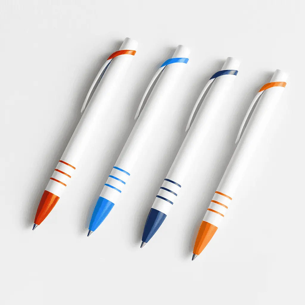 Set of four ergonomic promotional pens in assorted colors including dark blue, perfect for giveaways, expos, and branded office supplies.