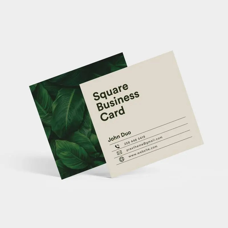Printava | Premium 400 GSM Matt Laminated Business Card in square format with a minimalist design and tropical leaf background.