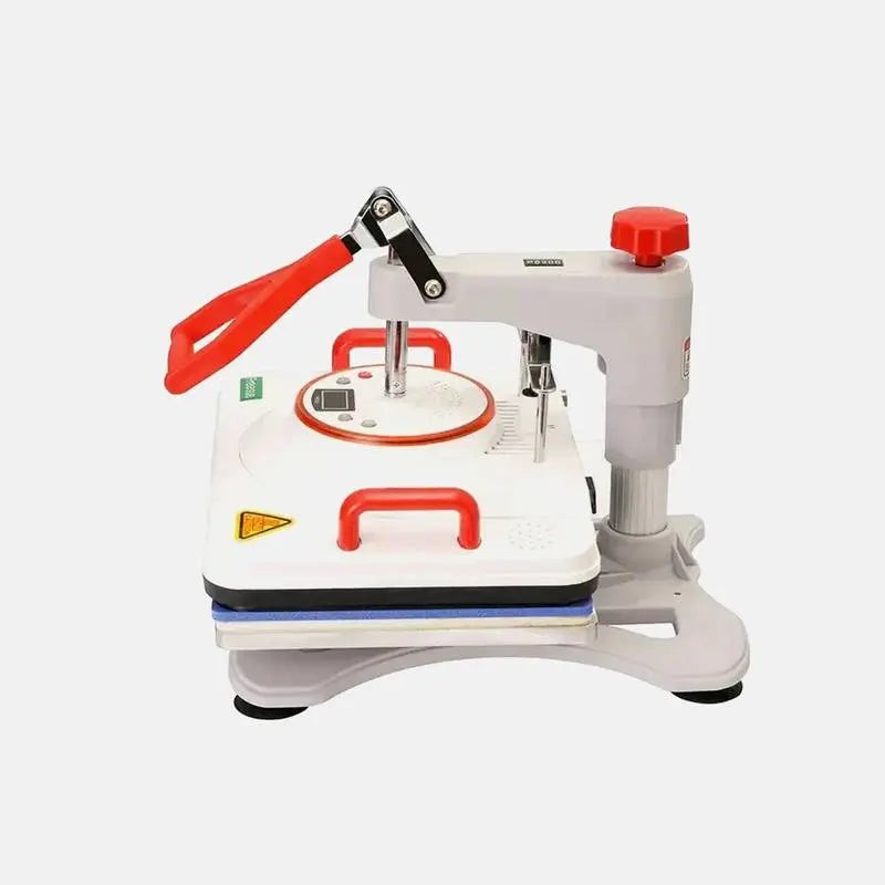 5-in-1 combo sublimation heat press machine P8200-V5 with red handle and digital control, ideal for printing on mugs, hats, and shirts.