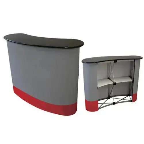 Gray and red Pop Up Foldable Counter shown assembled and folded. Compact and stylish for professional event presentations.