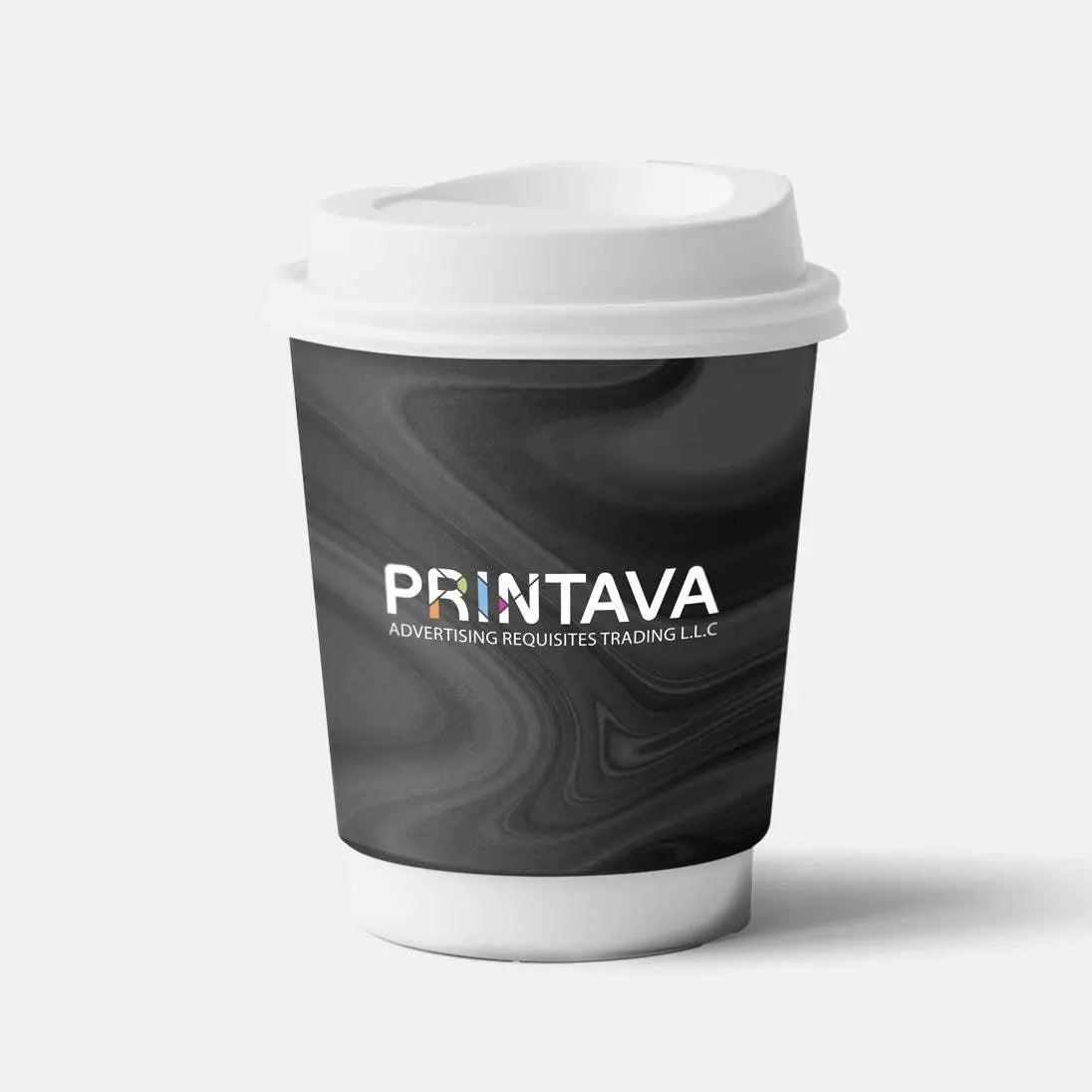 Customizable paper cup with black marbled design and Printava logo, ideal for eco-friendly food packaging in business and industrial use.