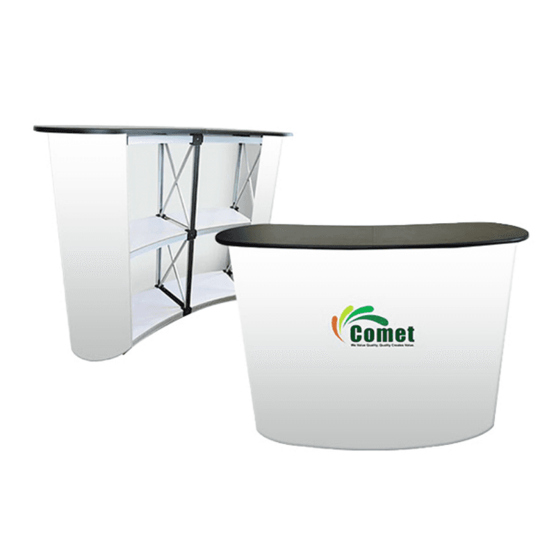 White Pop Up Foldable Counter with Comet logo, shown front and back with internal shelves. Perfect for event displays and easy transport.