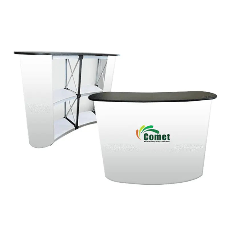 White Pop Up Foldable Counter with Comet logo, shown front and back with internal shelves. Perfect for event displays and easy transport.