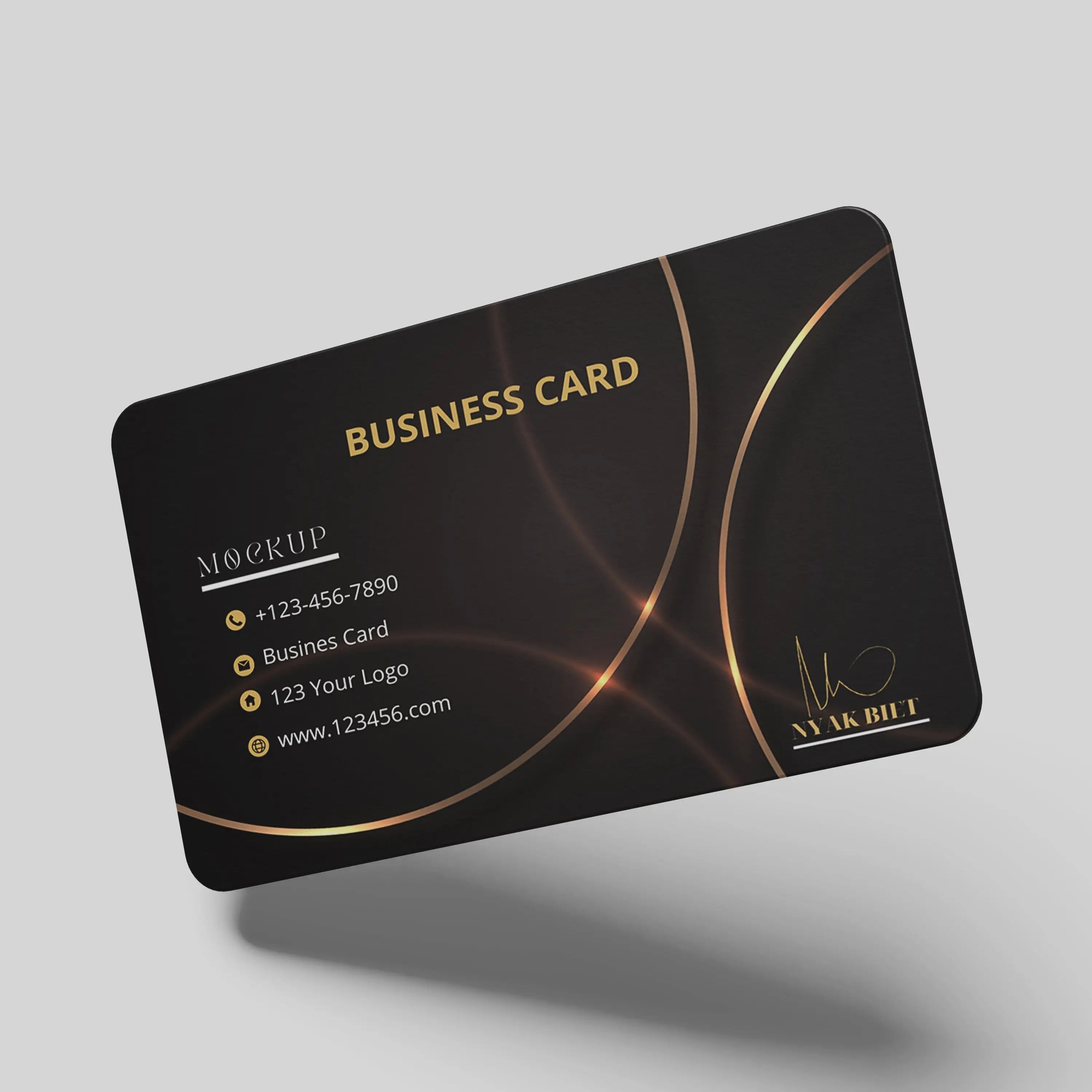 Printava 700 GSM Gold Foil Spot UV Velvet Laminated Business Card with rounded corners, black background, and elegant gold accents.