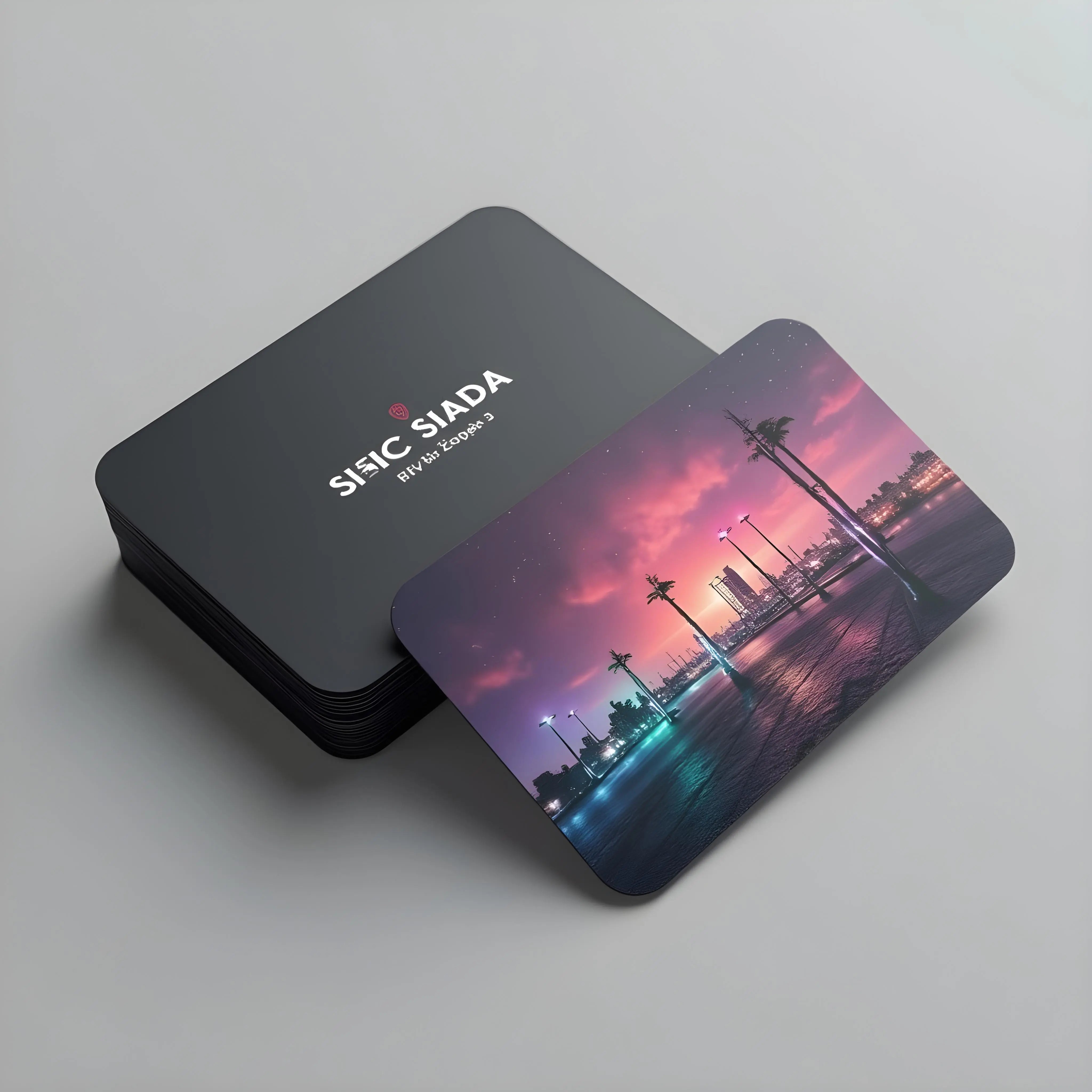 Printava | Premium Rounded Corner PETT Glossy Laminated Business Card featuring a vibrant cityscape design with sunset hues and palm trees.