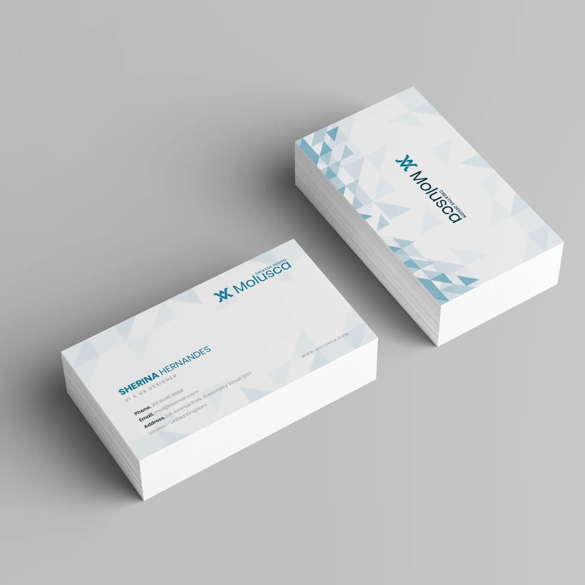 Printava Matt Laminated 350 GSM Business Card with geometric blue design, showcasing a sleek and professional layout for corporate branding.