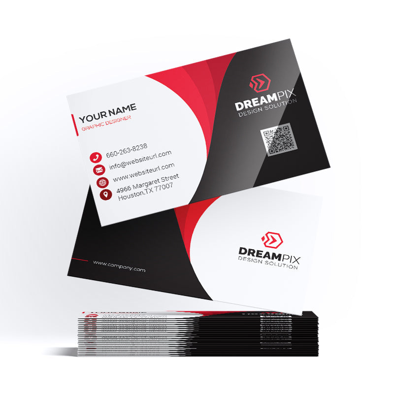 Printava 400 GSM Glossy Laminated Business Card featuring a sleek black, red, and white design with QR code and contact details, ideal for professionals.