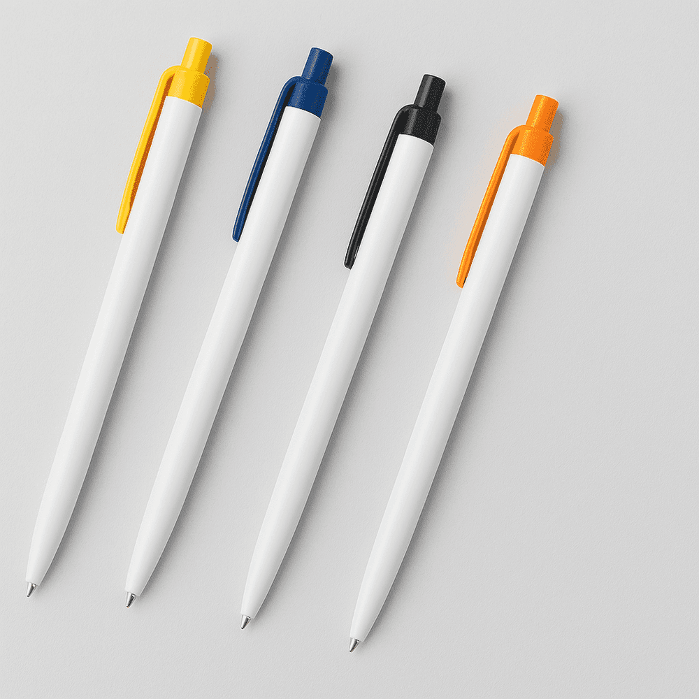 Set of four promotional plastic pens in yellow, blue, black, and orange clip colors, perfect for customizable branding and event giveaways.