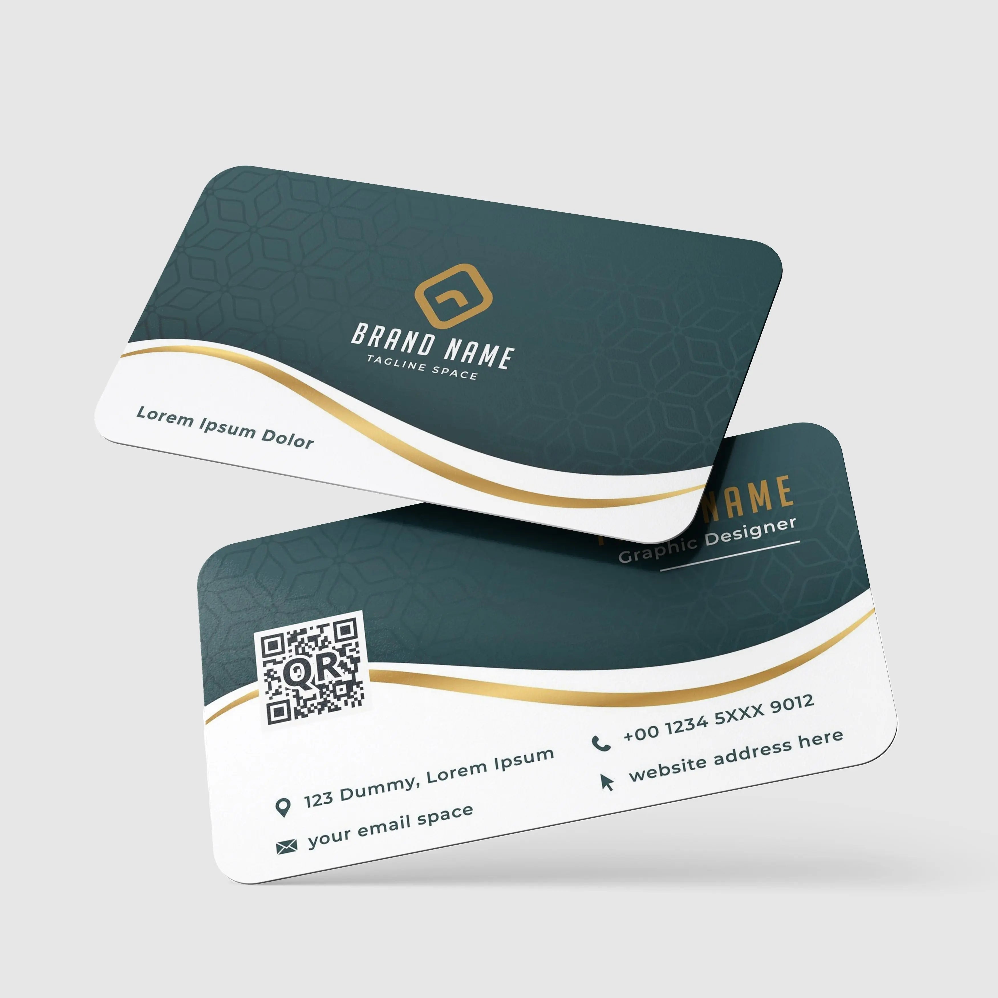 Printava | Premium Gold Foil Matt Laminated Business Card – 400 GSM featuring rounded corners, elegant dark green design, and QR code for contact info.