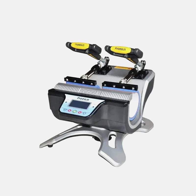 Double Station Heat Press Sublimation Machine ST-210 with dual yellow-handled clamps for efficient mug printing in commercial settings.