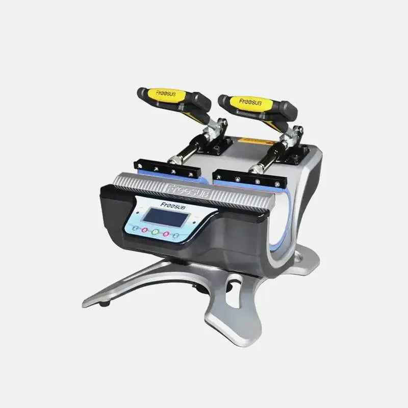 Double Station Heat Press Sublimation Machine ST-210 with dual yellow-handled clamps for efficient mug printing in commercial settings.